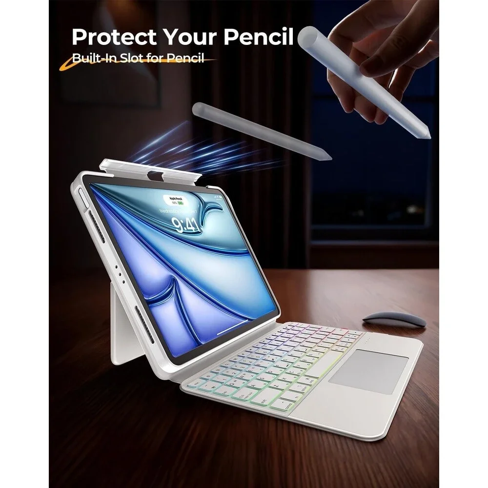 Title: Clear 360° Rotating Keyboard Case for iPad Air 13 M4/M2 & Pro 12.9 - Whi